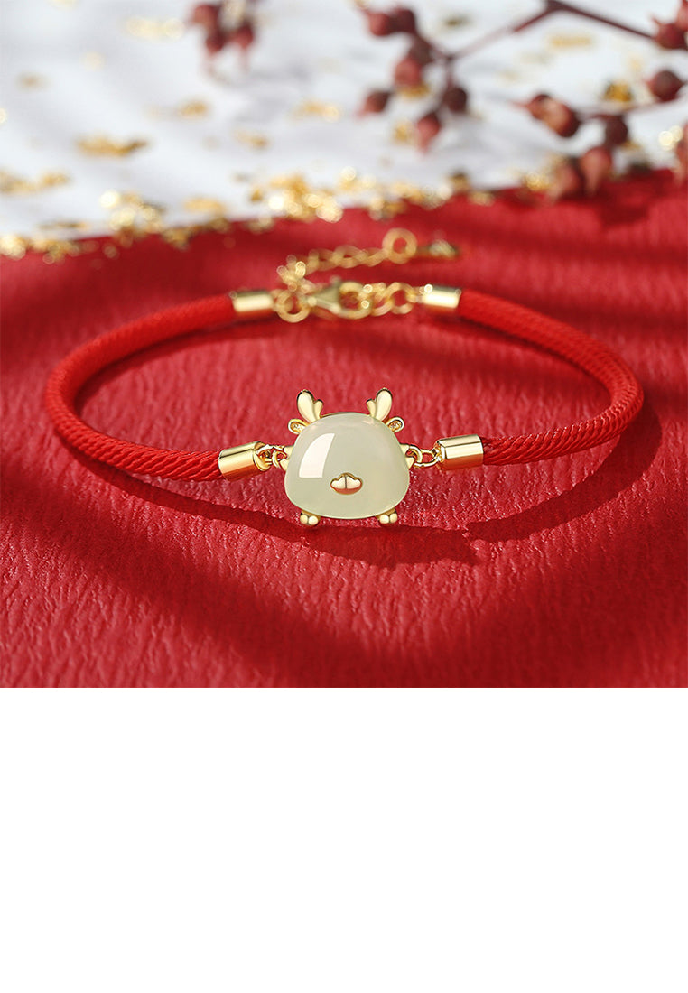 925 Sterling Silver Plated Gold Simple and Cute Dragon Imitation Hetian Jade Bracelet