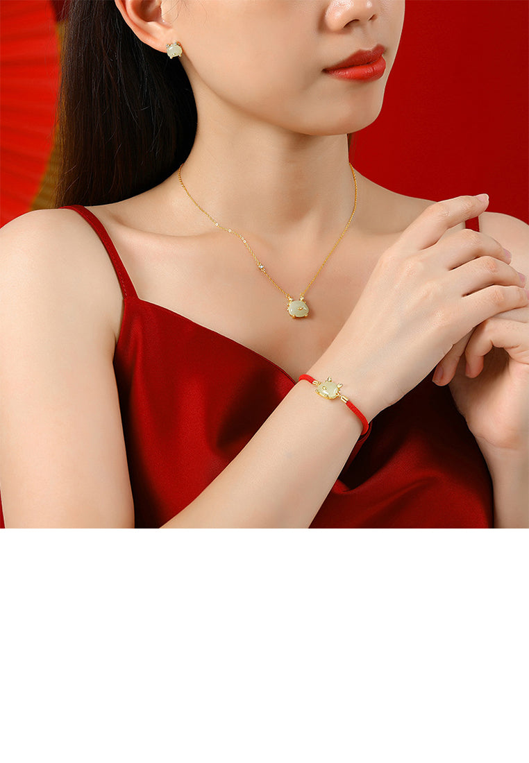 925 Sterling Silver Plated Gold Simple and Cute Dragon Imitation Hetian Jade Bracelet