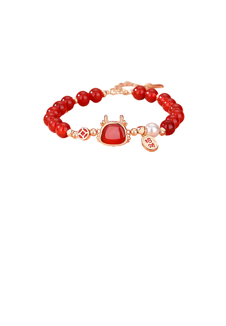 925 Sterling Silver Plated Rose Gold Fashion and Elegant Zodiac Dragon Imitation Agate Beaded Bracelet