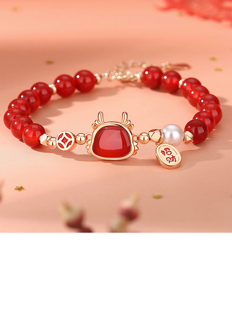 925 Sterling Silver Plated Rose Gold Fashion and Elegant Zodiac Dragon Imitation Agate Beaded Bracelet