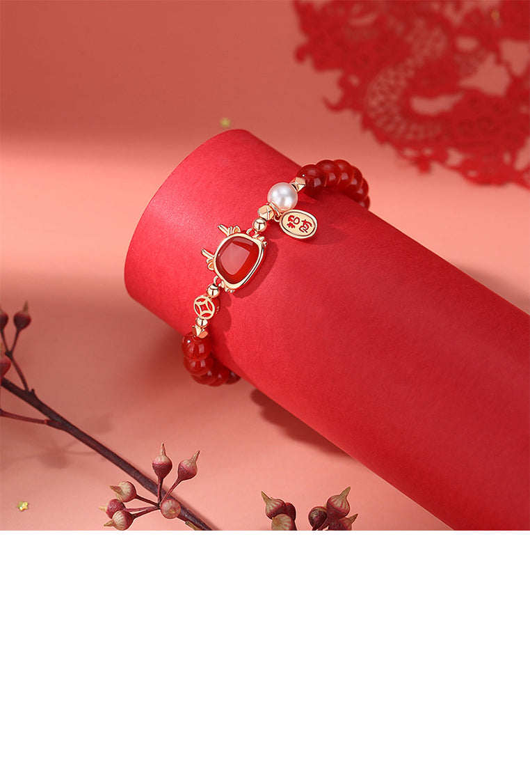 925 Sterling Silver Plated Rose Gold Fashion and Elegant Zodiac Dragon Imitation Agate Beaded Bracelet