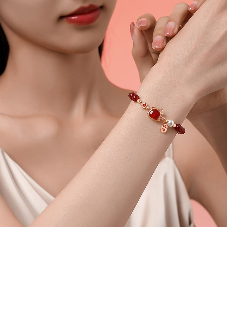 925 Sterling Silver Plated Rose Gold Fashion and Elegant Zodiac Dragon Imitation Agate Beaded Bracelet