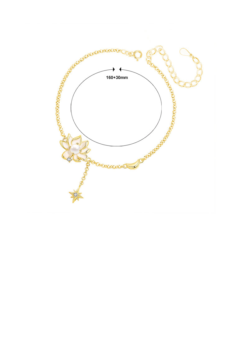 925 Sterling Silver Plated Gold Fashion and Elegant Lotus Imitation Pearl Bracelet with Cubic Zirconia - Luxurious Look