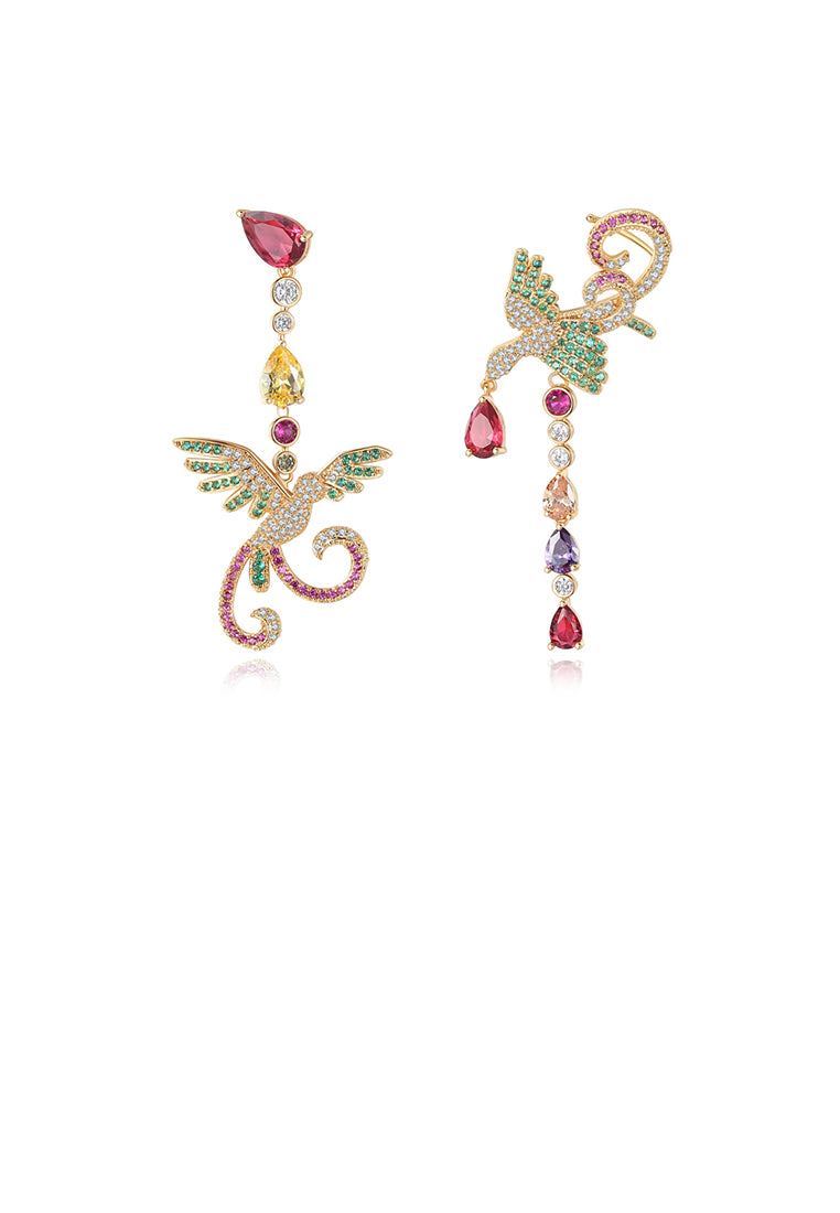Fashion and Elegant Plated Gold Color Phoenix Asymmetrical Earrings with Cubic Zirconia - Luxurious Look