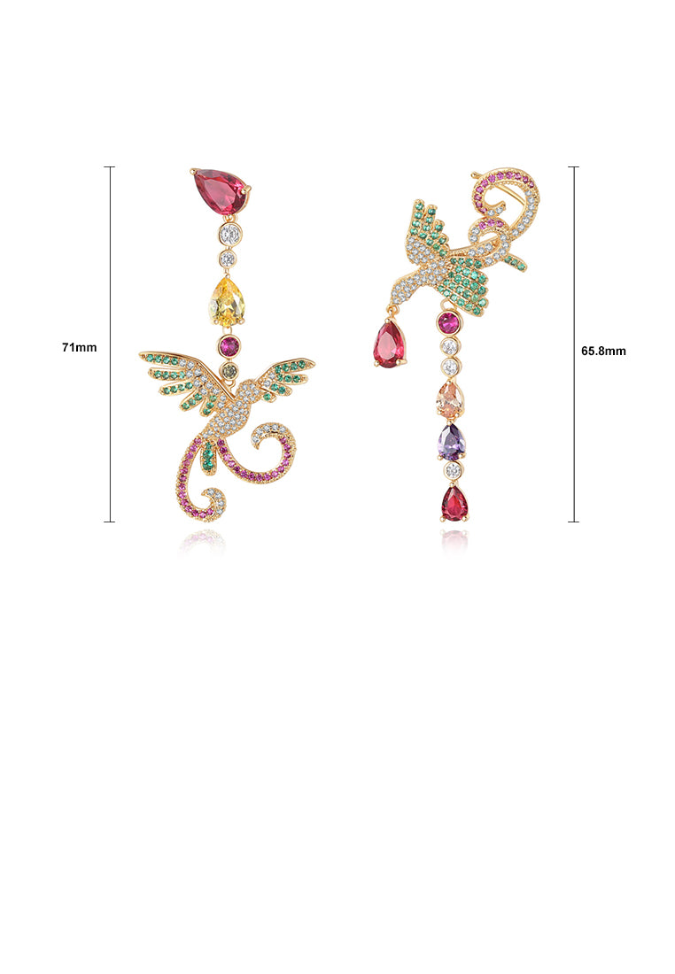 Fashion and Elegant Plated Gold Color Phoenix Asymmetrical Earrings with Cubic Zirconia - Luxurious Look