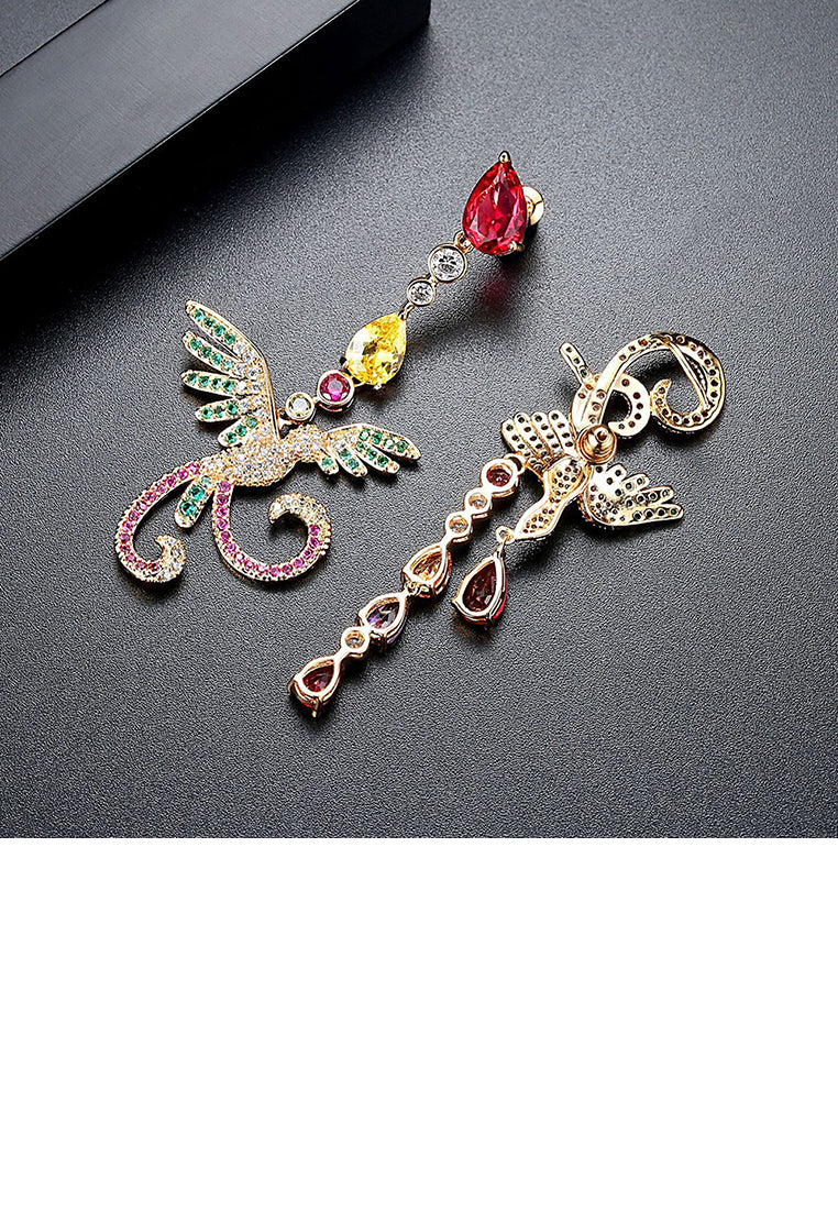 Fashion and Elegant Plated Gold Color Phoenix Asymmetrical Earrings with Cubic Zirconia - Luxurious Look