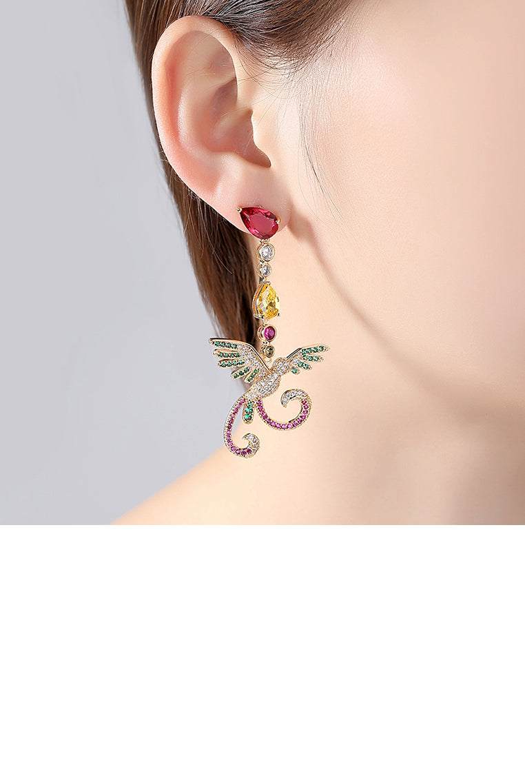 Fashion and Elegant Plated Gold Color Phoenix Asymmetrical Earrings with Cubic Zirconia - Luxurious Look