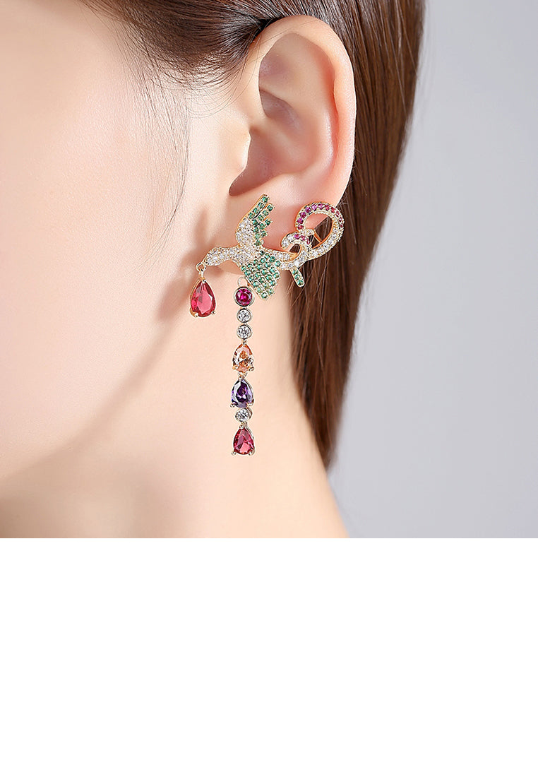 Fashion and Elegant Plated Gold Color Phoenix Asymmetrical Earrings with Cubic Zirconia - Luxurious Look