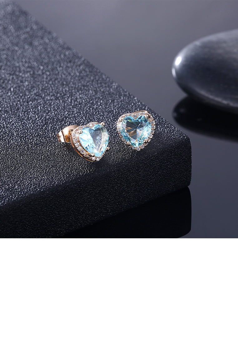 Simple Plated Champagne Gold Blue Austrian Element Crystal Heart Stud Earrings