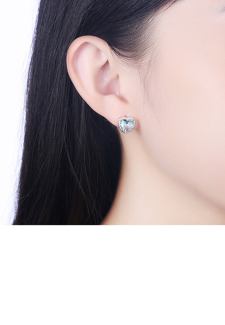 Simple Plated Champagne Gold Blue Austrian Element Crystal Heart Stud Earrings