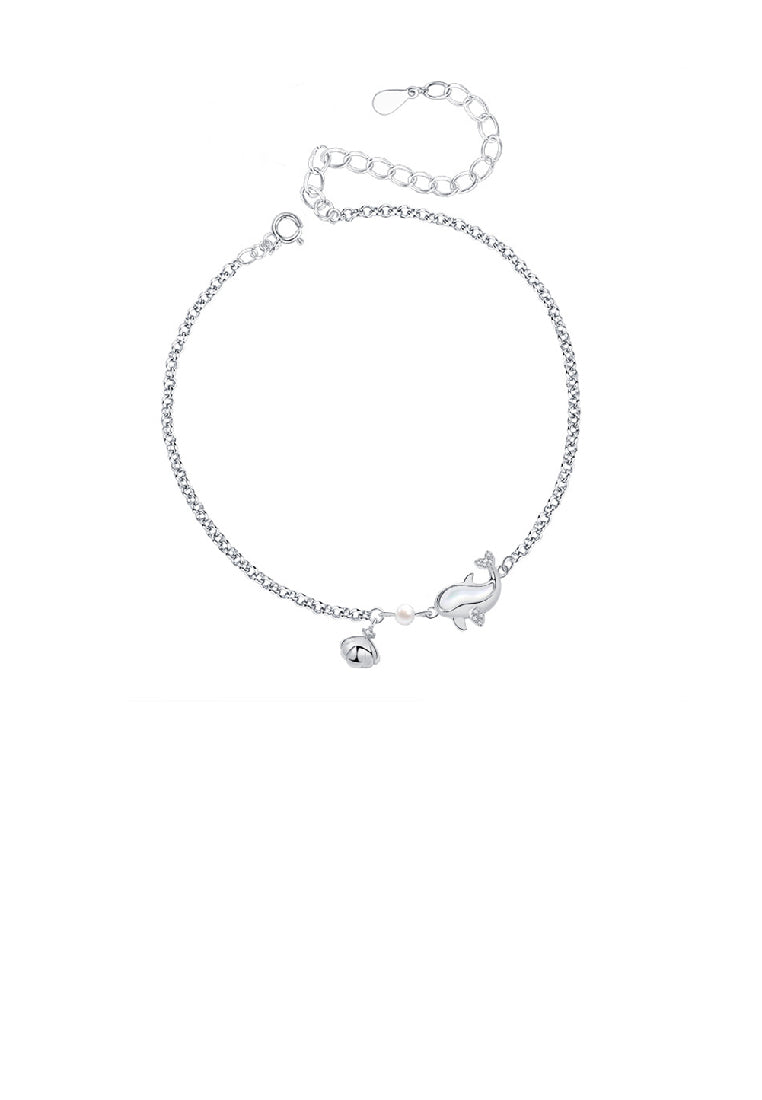 925 Sterling Silver Simple and Cute Whale Imitation Pearl Shell Bracelet - Luxurious Look
