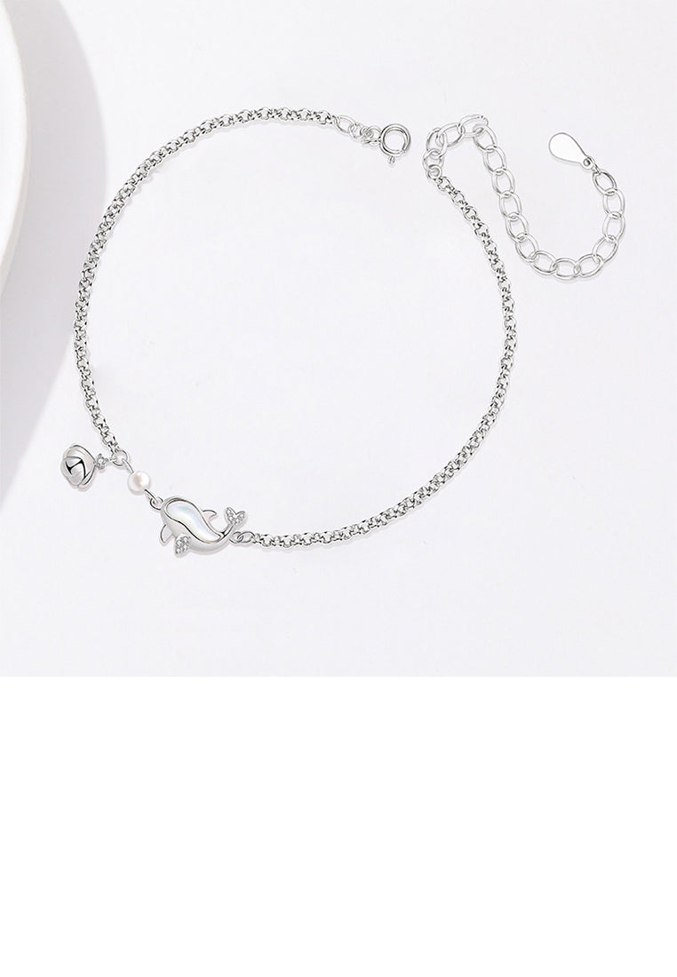 925 Sterling Silver Simple and Cute Whale Imitation Pearl Shell Bracelet - Luxurious Look
