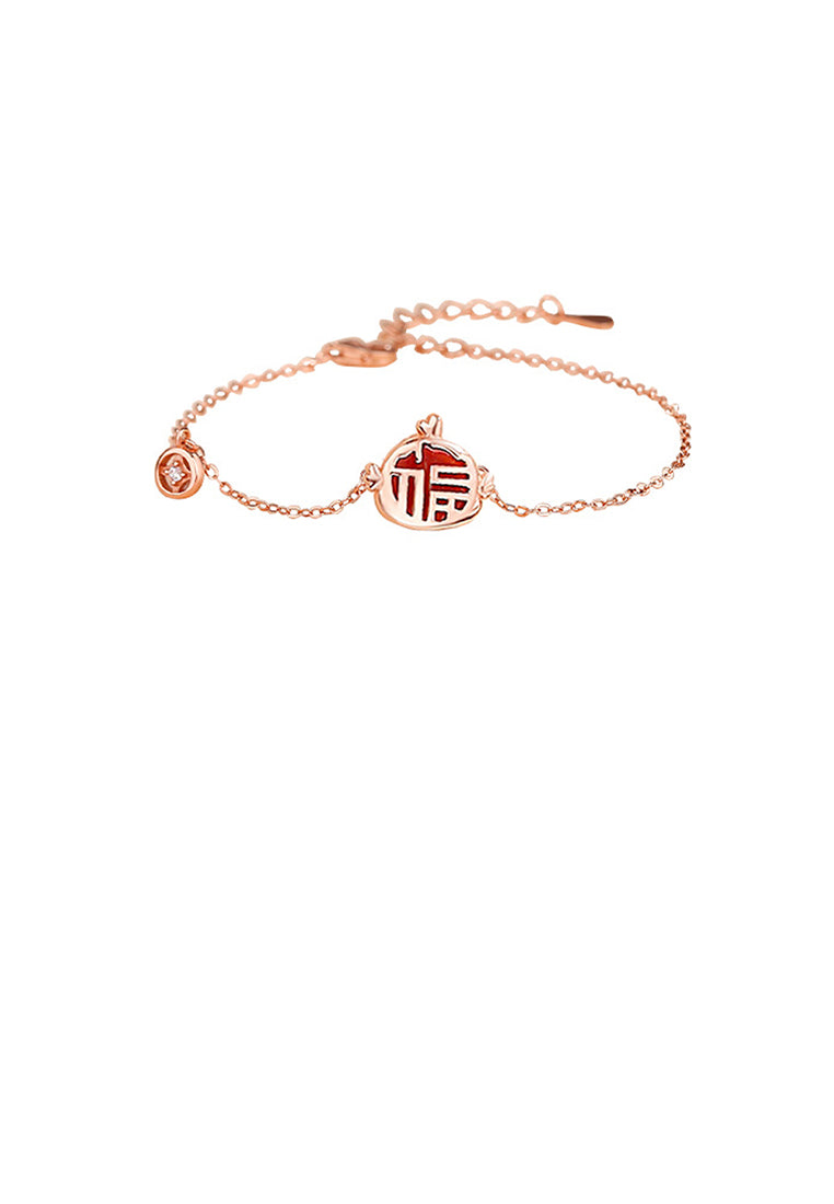 925 Sterling Silver Plated Rose Gold Fashion Vintage Zodiac Cock Imitation Agate Copper Coin Bracelet with Cubic Zirconia - Luxurious Look