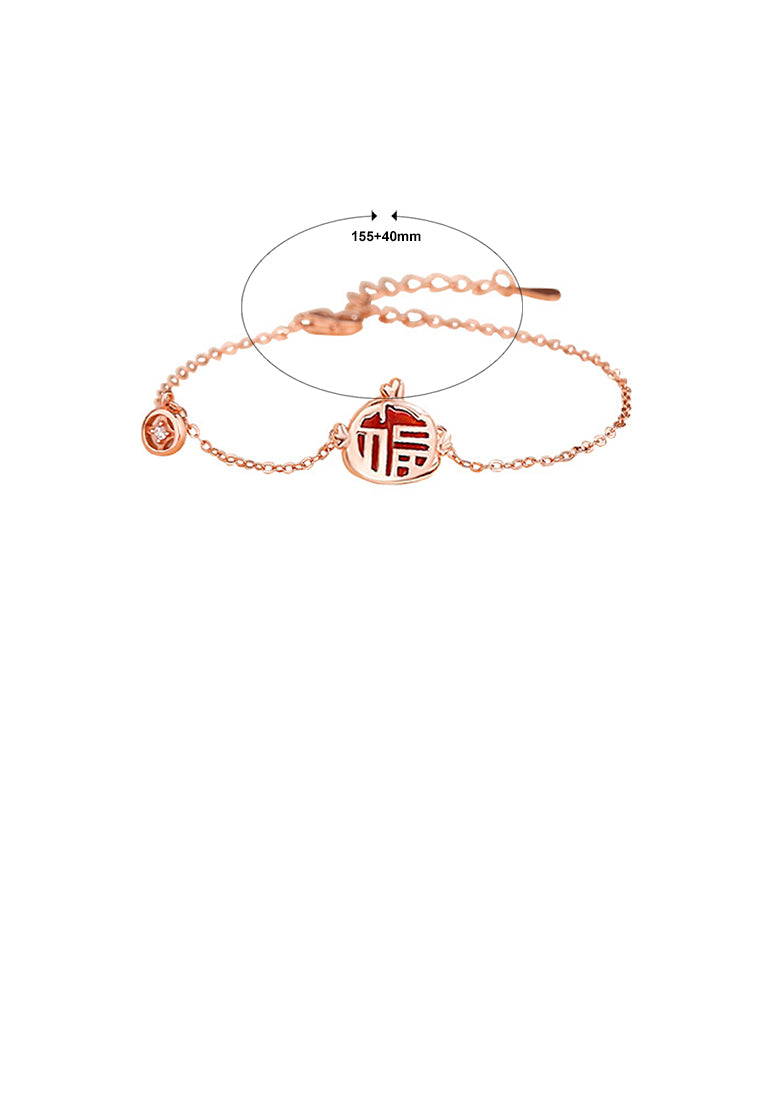 925 Sterling Silver Plated Rose Gold Fashion Vintage Zodiac Cock Imitation Agate Copper Coin Bracelet with Cubic Zirconia - Luxurious Look