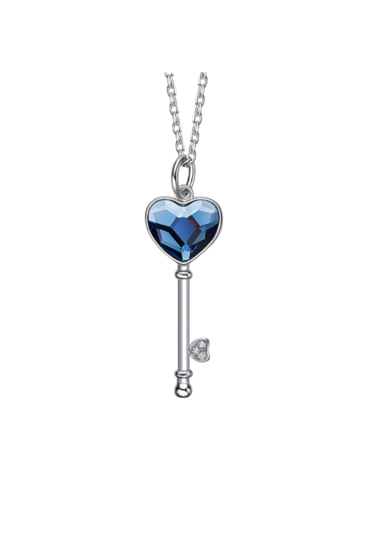 925 Sterling Silver Heart Key Pendant with Blue Austrian Element Crystal and Necklace