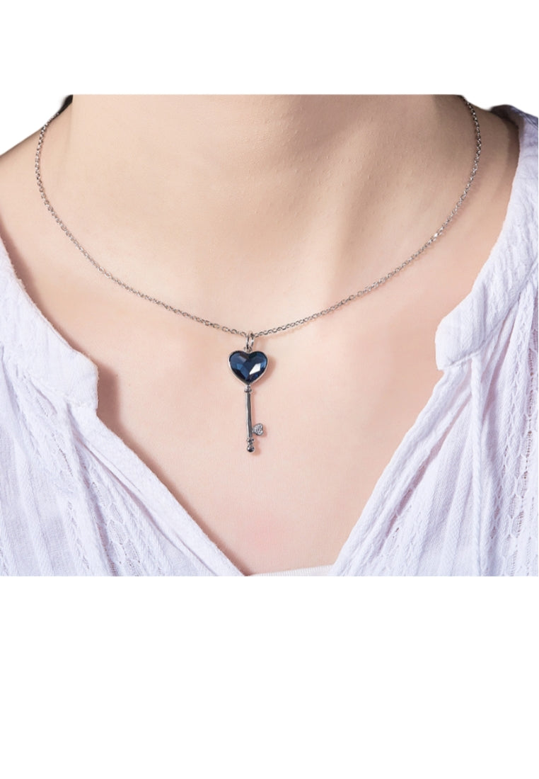 925 Sterling Silver Heart Key Pendant with Blue Austrian Element Crystal and Necklace
