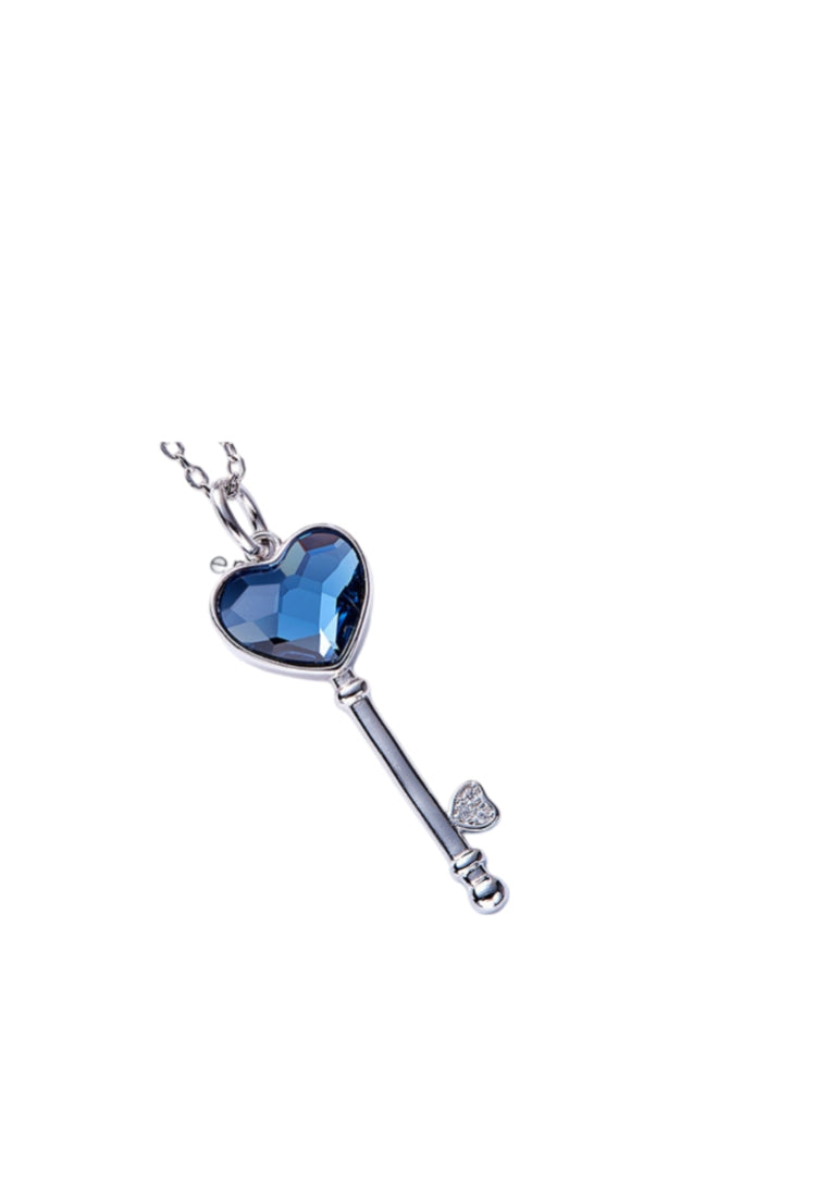 925 Sterling Silver Heart Key Pendant with Blue Austrian Element Crystal and Necklace