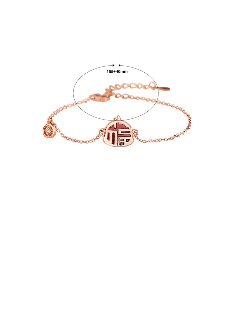 925 Sterling Silver Plated Rose Gold Fashion Vintage Zodiac Monkey Imitation Agate Copper Coin Bracelet with Cubic Zirconia - Luxurious Look