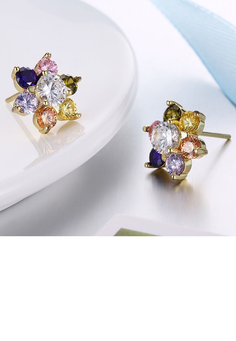 Fashion Delicate Plated Gold Flower Colored Cubic Zircon Stud Earrings