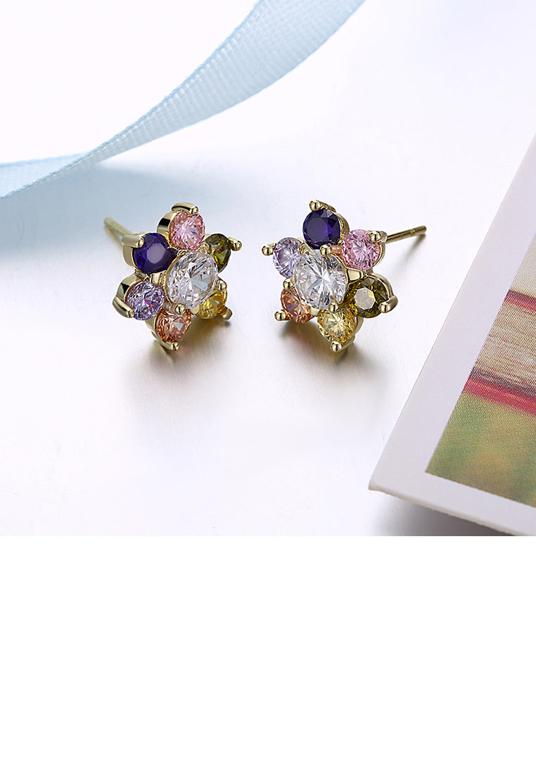 Fashion Delicate Plated Gold Flower Colored Cubic Zircon Stud Earrings