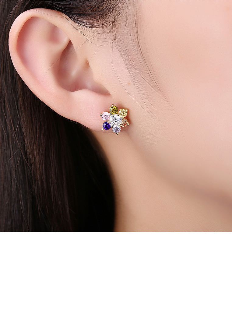 Fashion Delicate Plated Gold Flower Colored Cubic Zircon Stud Earrings