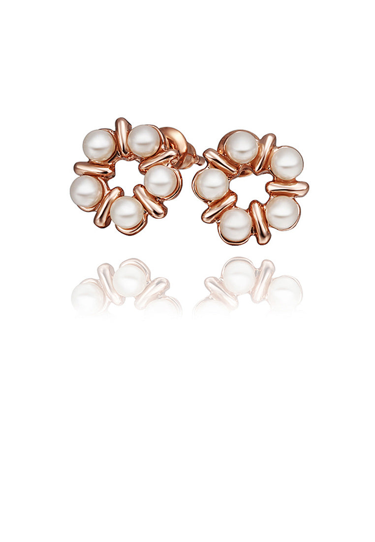 Fashion Elegant Plated Rose Gold Flower Imitation Pearl Stud Earrings - Luxurious Look