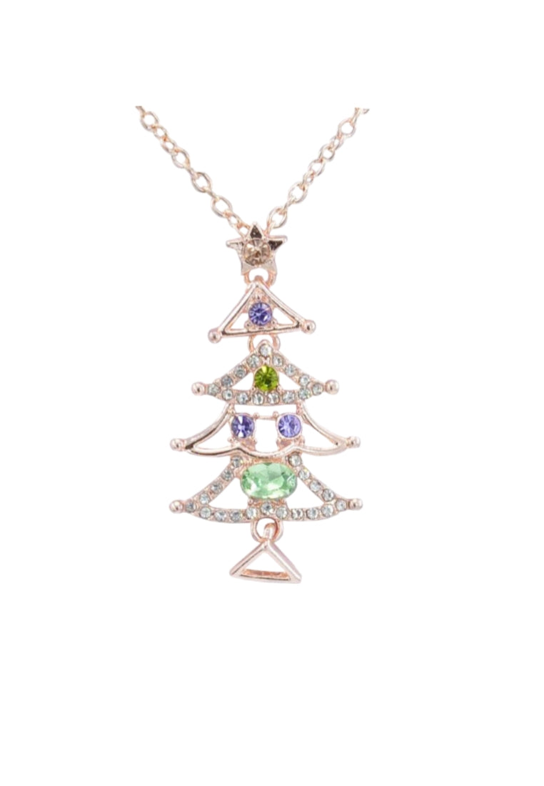 Plated Rose Gold Christmas Tree Pendant with Colored Austrian Element Crystals and Necklace
