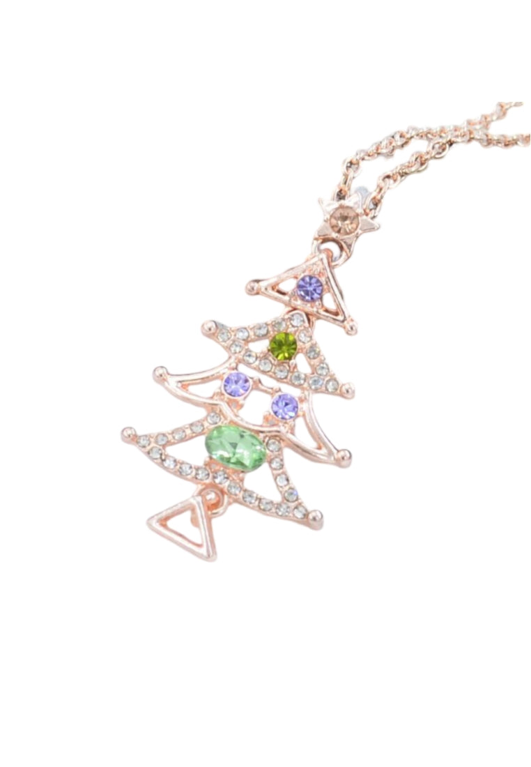 Plated Rose Gold Christmas Tree Pendant with Colored Austrian Element Crystals and Necklace