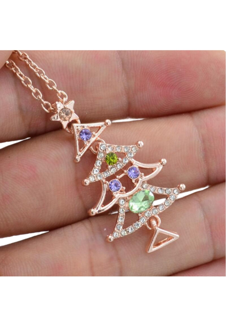 Plated Rose Gold Christmas Tree Pendant with Colored Austrian Element Crystals and Necklace
