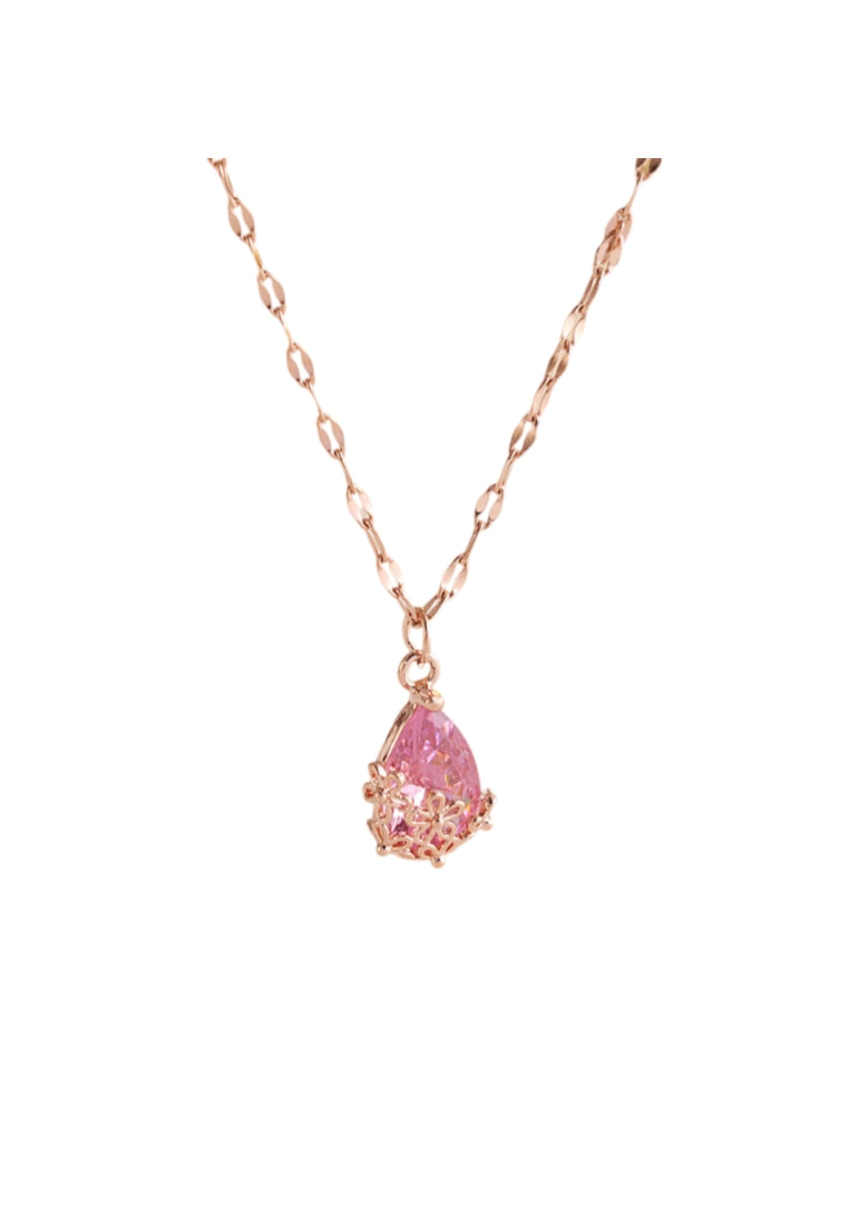 Elegant Plated Rose Gold Heart Pendant with Pink Cubic Zircon and Necklace - Vibrant Color