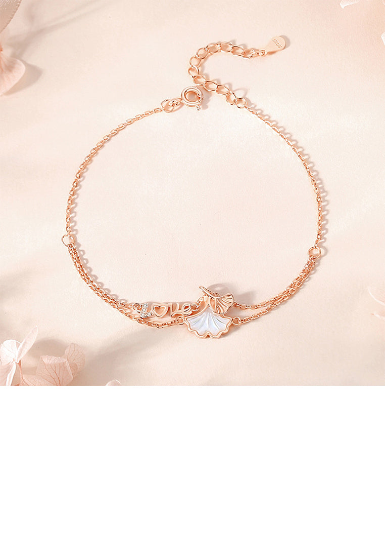 925 Sterling Silver Plated Rose Gold Fashion and Simple Ginkgo Leaf Double Layer Bracelet