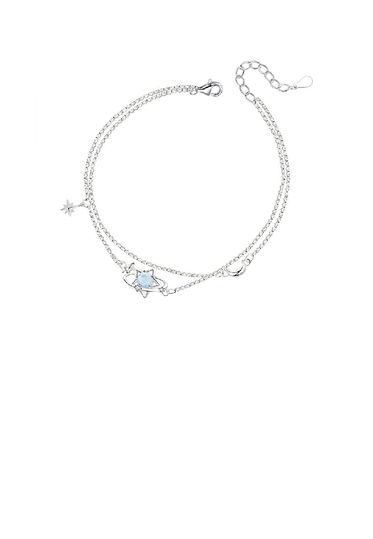 925 Sterling Silver Fashion Simple Planet Blue Glass Stone Star Double Layer Bracelet