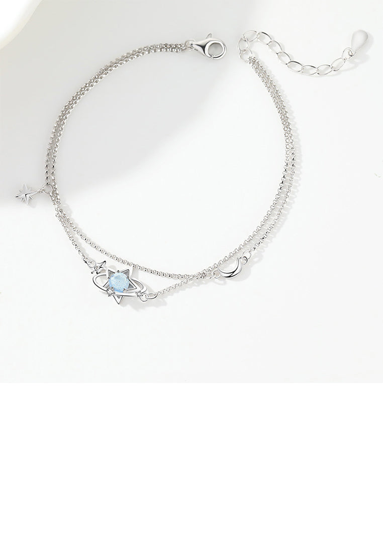 925 Sterling Silver Fashion Simple Planet Blue Glass Stone Star Double Layer Bracelet