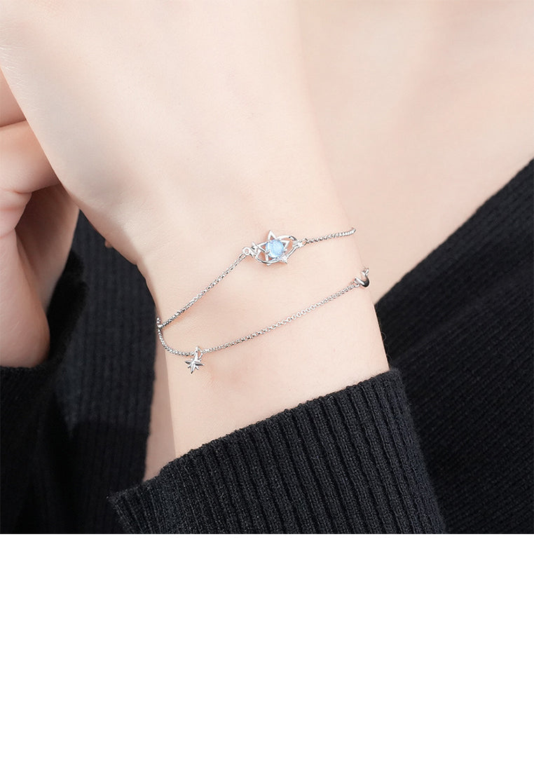 925 Sterling Silver Fashion Simple Planet Blue Glass Stone Star Double Layer Bracelet