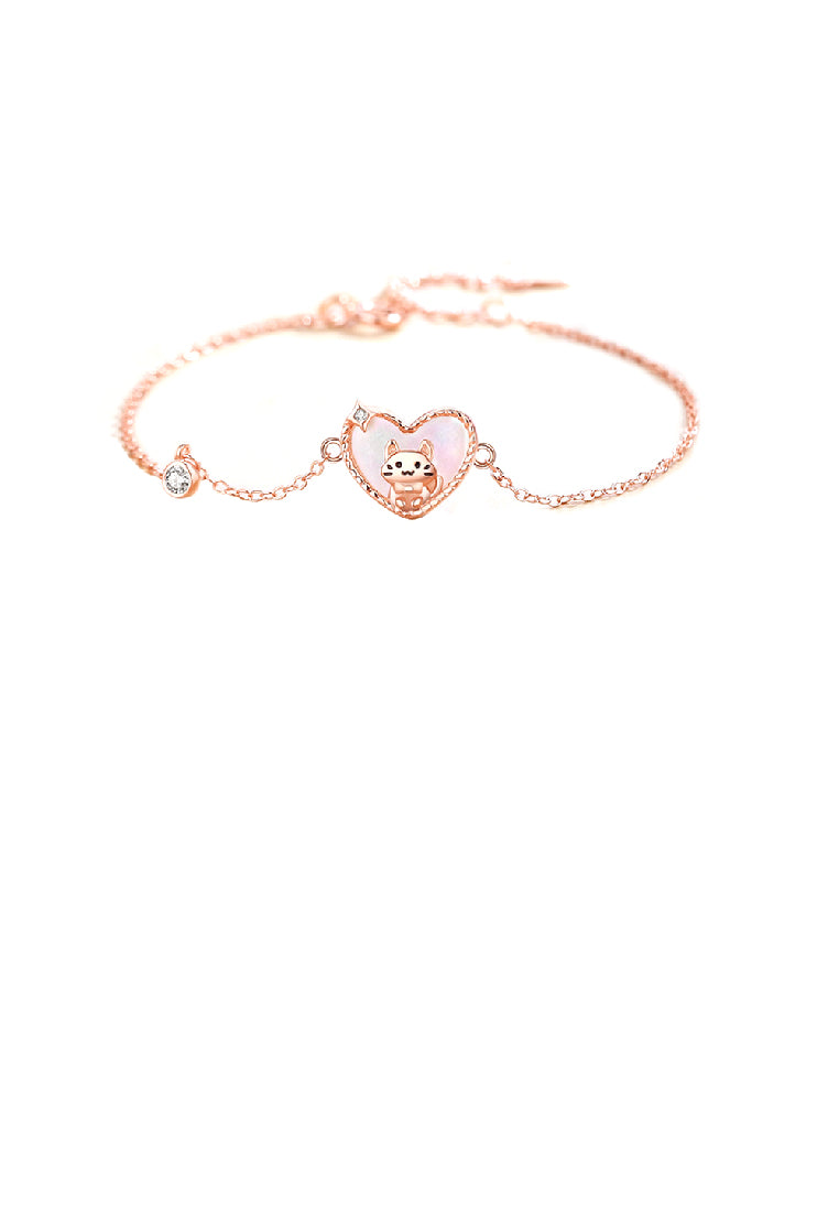 925 Sterling Silver Plated Rose Gold Cute and Sweet Cat Mother-of-Pearl Heart Bracelet with Cubic Zirconia - Luxurious Look