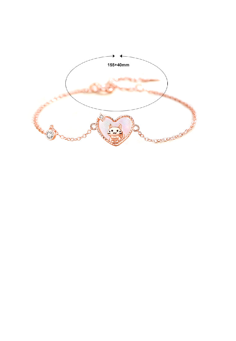 925 Sterling Silver Plated Rose Gold Cute and Sweet Cat Mother-of-Pearl Heart Bracelet with Cubic Zirconia - Luxurious Look