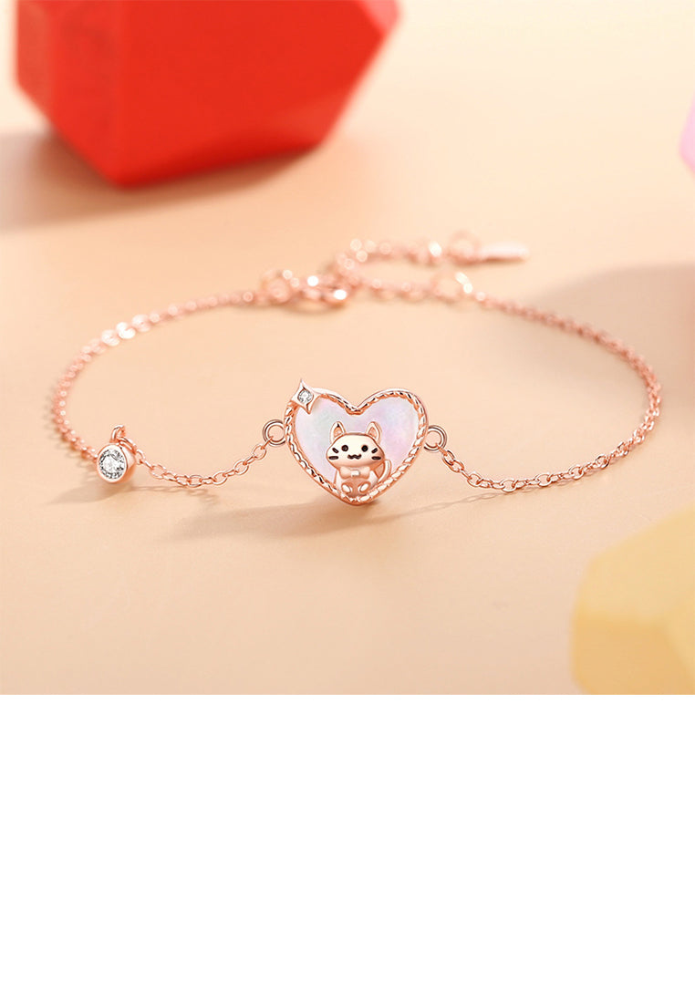 925 Sterling Silver Plated Rose Gold Cute and Sweet Cat Mother-of-Pearl Heart Bracelet with Cubic Zirconia - Luxurious Look