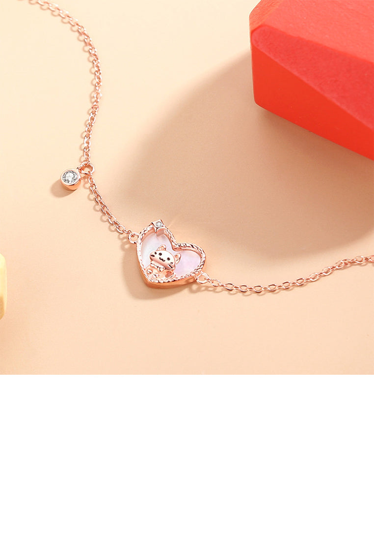 925 Sterling Silver Plated Rose Gold Cute and Sweet Cat Mother-of-Pearl Heart Bracelet with Cubic Zirconia - Luxurious Look