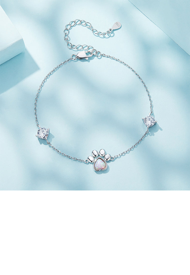 925 Sterling Silver Simple and Cute Cat Paw Bracelet with Cubic Zirconia - Luxurious Look