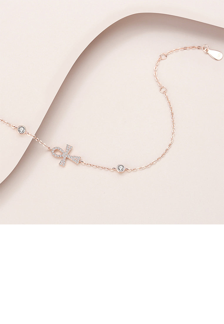 925 Sterling Silver Plated Rose Gold Fashion Simple Cross Bracelet with Cubic Zirconia - Luxurious Look