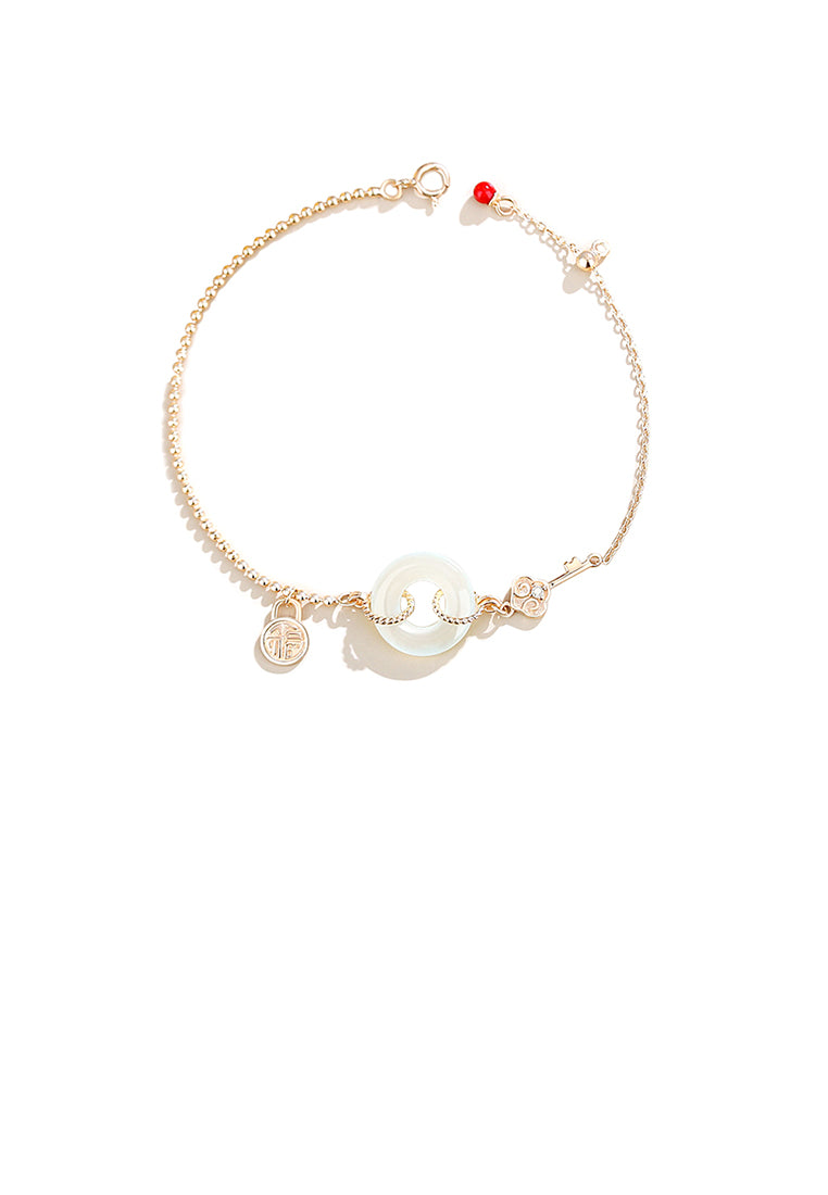 925 Sterling Silver Plated Gold Fashion Simple Circle Peace Buckle Ruyi Lock Bracelet with Cubic Zirconia - Luxurious Look