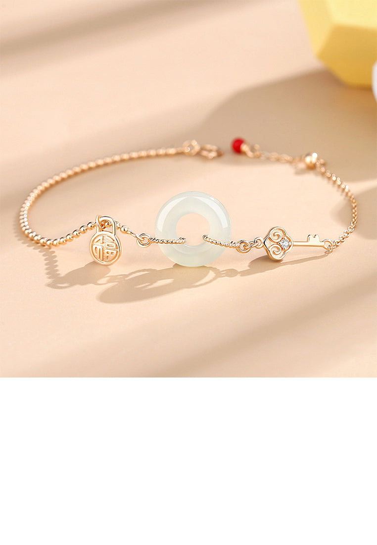 925 Sterling Silver Plated Gold Fashion Simple Circle Peace Buckle Ruyi Lock Bracelet with Cubic Zirconia - Luxurious Look