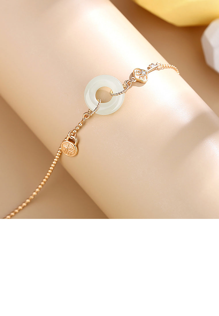 925 Sterling Silver Plated Gold Fashion Simple Circle Peace Buckle Ruyi Lock Bracelet with Cubic Zirconia - Luxurious Look