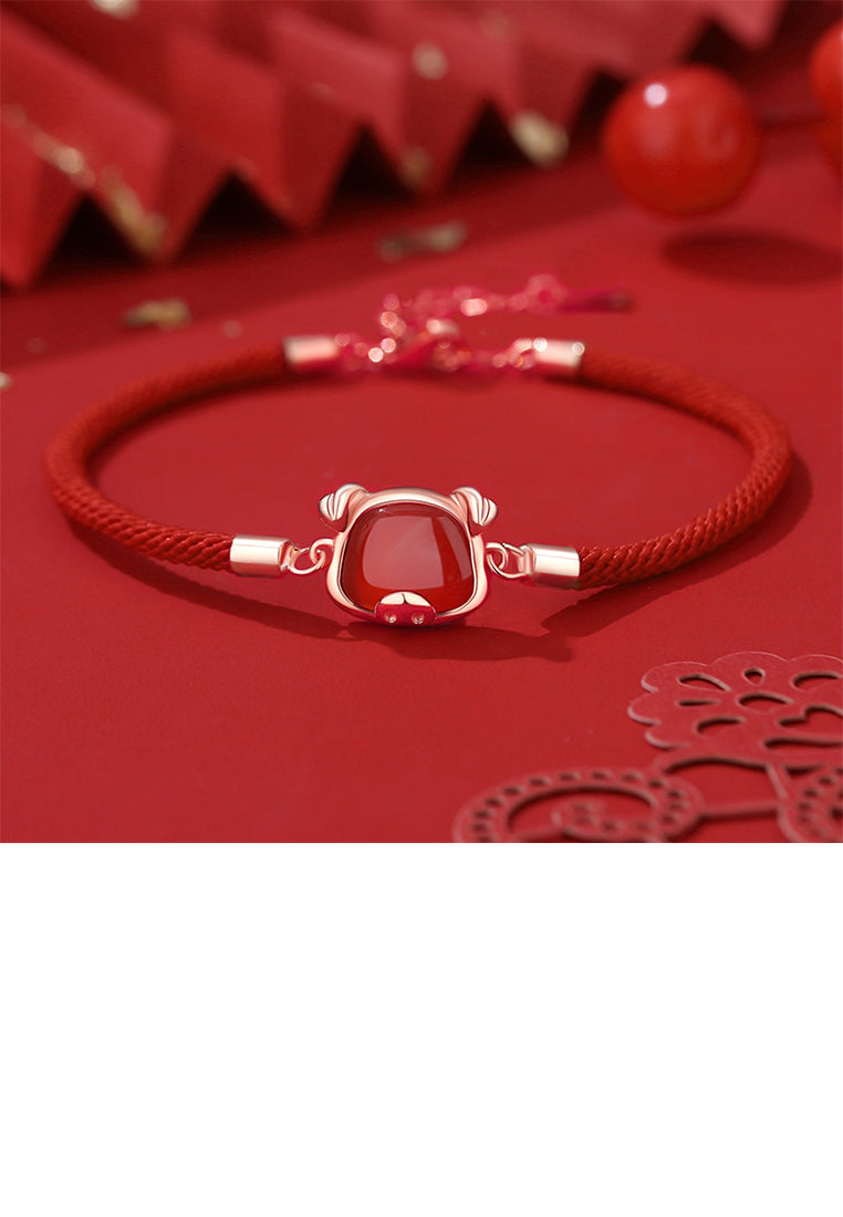 925 Sterling Silver Plated Rose Gold Simple Vintage Twelve Zodiac Pig Imitation Agate Bracelet