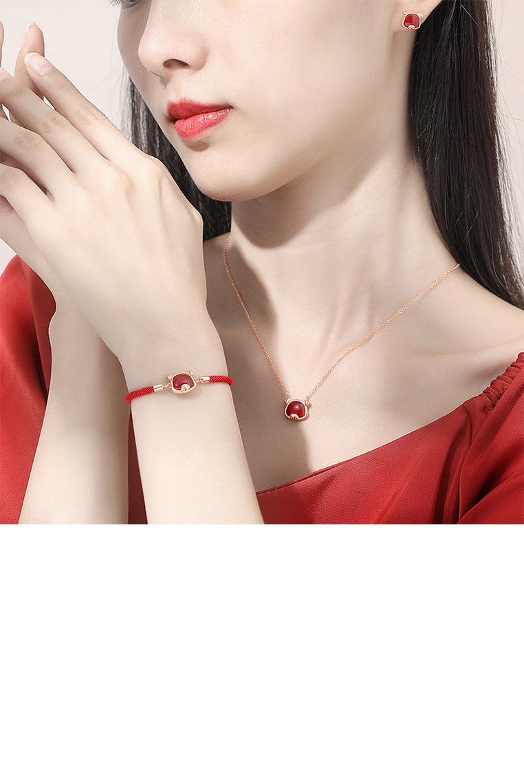 925 Sterling Silver Plated Rose Gold Simple Vintage Twelve Zodiac Pig Imitation Agate Bracelet