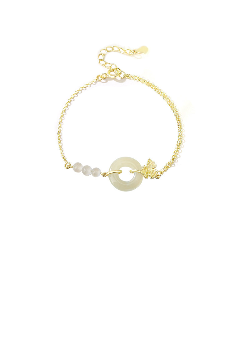 925 Sterling Silver Plated Gold Fashion and Elegant Ginkgo Leaf Safety Buckle Beaded Bracelet