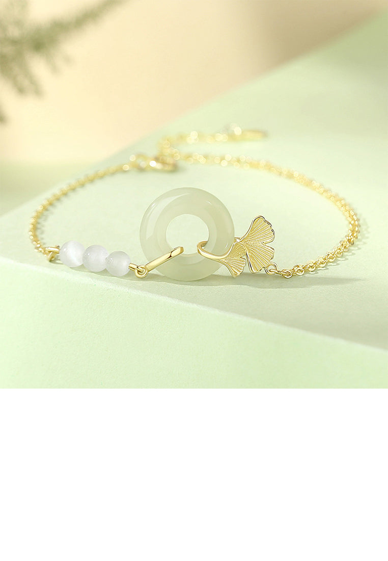 925 Sterling Silver Plated Gold Fashion and Elegant Ginkgo Leaf Safety Buckle Beaded Bracelet