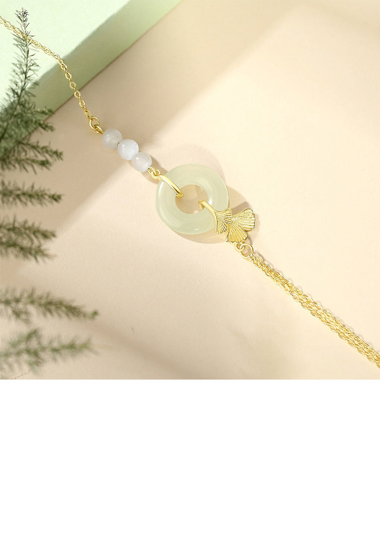 925 Sterling Silver Plated Gold Fashion and Elegant Ginkgo Leaf Safety Buckle Beaded Bracelet