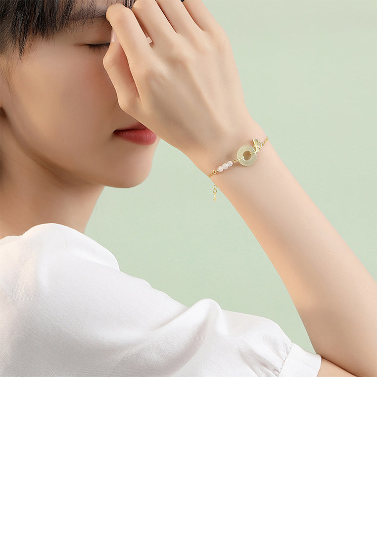 925 Sterling Silver Plated Gold Fashion and Elegant Ginkgo Leaf Safety Buckle Beaded Bracelet