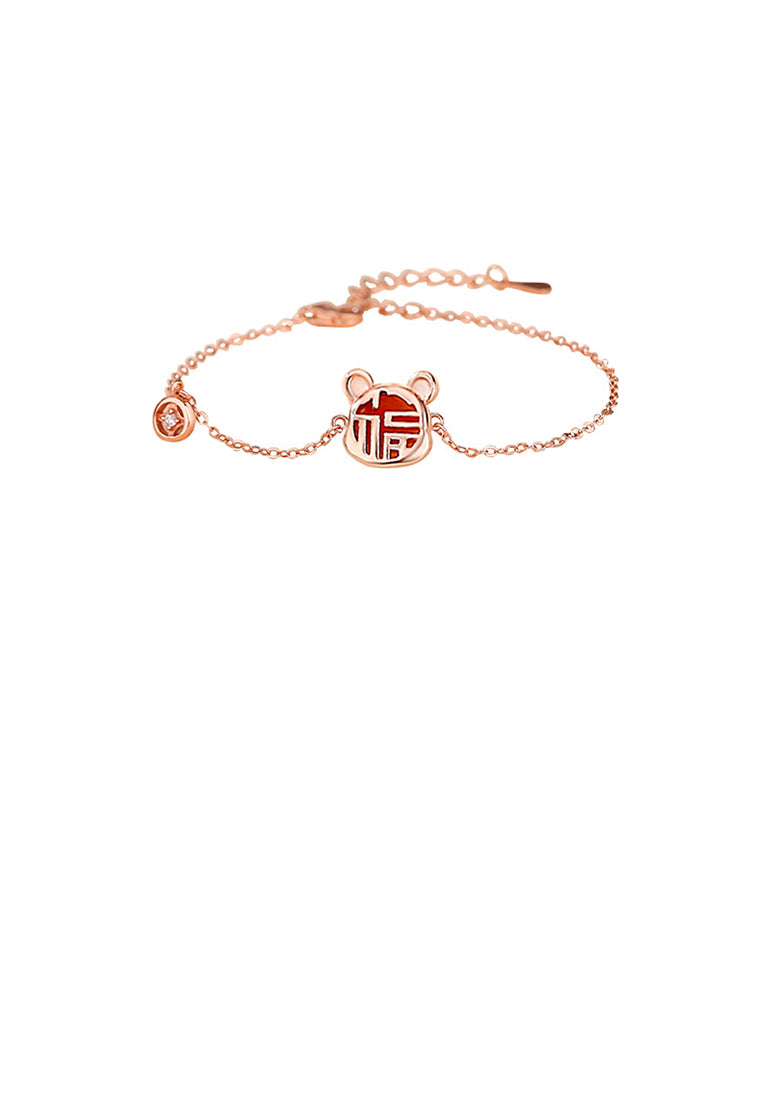 925 Sterling Silver Plated Rose Gold Fashion Vintage Zodiac Mice Imitation Agate Copper Coin Bracelet with Cubic Zirconia - Luxurious Look